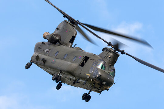RAF Waddington, Lincolnshire, UK - July 5, 2014: Royal Air Force (RAF) Boeing Chinook HC.2 twin engined heavy lift military helicopter ZH777. .