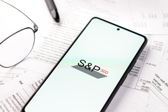 West Bangal, India - April 20, 2022 : S and P 500 logo on phone screen stock image.