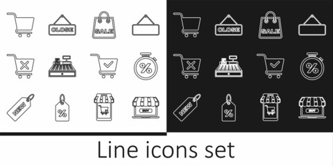 Set line Online shopping, Stopwatch and percent, Shopping bag with Sale, Cash register machine, Remove cart, check mark and Hanging sign Close icon. Vector