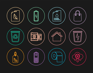 Set line Acid rain and radioactive cloud, Lightning with trash can, Canister machine oil, Radioactive waste barrel, Recycle bin recycle, Bio fuel canister, House and Battery icon. Vector
