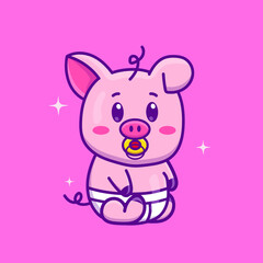 Obraz na płótnie Canvas Cute cartoon pig baby in diaper in vector illustration. Animal isolated vector. Flat cartoon style
