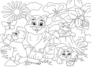 Mother cat and kittens play. Nature on the background. Raster illustration, children coloring book.