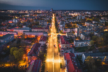 The street lights in Vilnius city at night from above. Lithuania, Savanoriu avenue. 