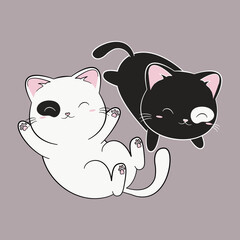 Biały i czarny kot. Słodkie śpiące kotki. Relaks. Harmonia Yin Yang. Ilustracja wektorowa. - obrazy, fototapety, plakaty