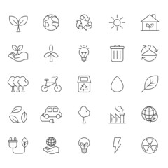 Vector collection of environmental ecology and nature icons. Eco friendly related thin line icon set in minimal style on white background