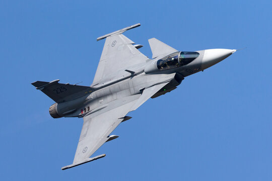 Payerne, Switzerland - September 6, 2014: Swedish Air Force Saab JAS-39C Gripen multirole fighter aircraft.