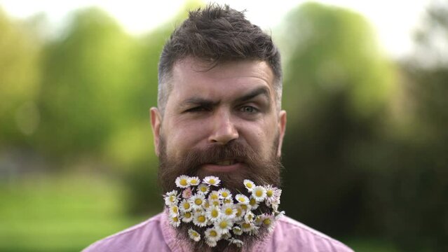 Mosquito. Handsome Man With Beard Of Flowers On Spring Blossom Park. Close Up Male Spring Face.