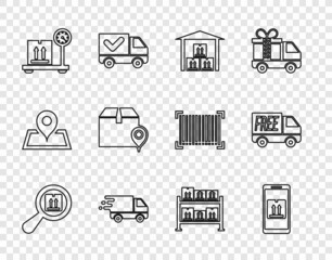 Set line Search package, Mobile with app tracking, Warehouse, Delivery truck movement, Scale cardboard box, Location, and Free delivery service icon. Vector