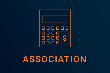 association  text. Calculator symbolizes economy. association  logo on dark background. Illustration association . Financial screensaver. Minimalist orange calculator