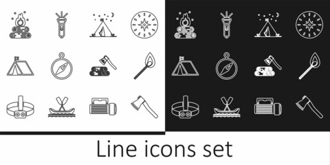 Set line Wooden axe, Burning match with fire, Tourist tent flag, Compass, Campfire, and wood and Flashlight icon. Vector