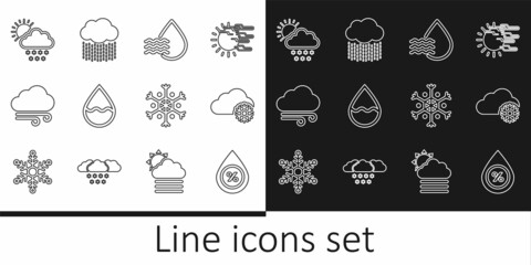Set line Water drop percentage, Cloud with snow, Windy weather, and sun, Snowflake and rain icon. Vector