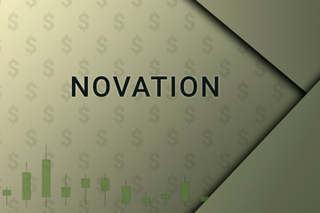 novation  logo. Inscription novation . Background on an economic theme. Charts and dollar sign on a beige background. novation  text close up. Financial text.