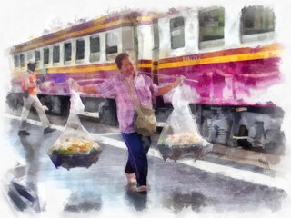 A street vendor in Bangkok watercolor style illustration impressionist painting.