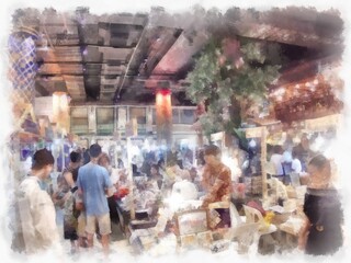 Naklejka premium The landscape of the ancient shophouses the commercial area the market in the shopping mall watercolor style illustration impressionist painting.