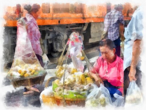 A street vendor in Bangkok watercolor style illustration impressionist painting.