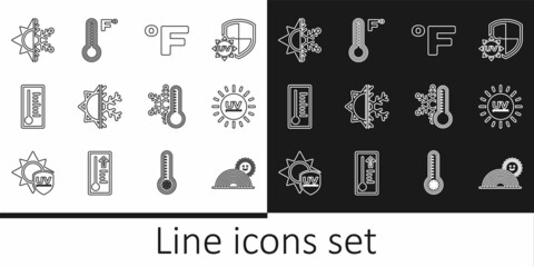Set line Rainbow with sun, UV protection, Fahrenheit, Sun and snowflake, Meteorology thermometer, Thermometer and icon. Vector