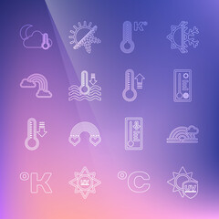 Set line UV protection, Rainbow with cloud, Meteorology thermometer, Water, clouds, Thermometer and moon and icon. Vector