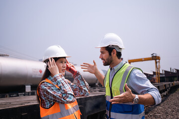 Engineers arguing with having problems communication  different languages.Worker confuse the...