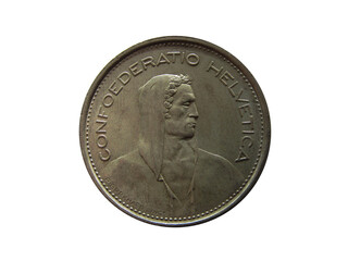 Obverse of Swiss coin 5 francs with Latin inscription meaning SWISS CONFEDERATION. Isolated in white background. Type KM# 40.