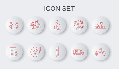 Set line Sesame seeds, Medicine bottle and pills, Kidney beans, Emergency car, Crab, or tablet, Fatigue and Test tube flask icon. Vector