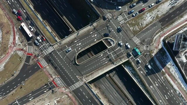 Aerial view of the road intersection on the DTŚ Highway in Katowice on a  sunny day. Silesia, Poland.