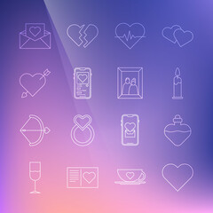 Set line Heart, Bottle with love potion, Burning candle, rate, Mobile heart, Amour arrow, Envelope Valentine and Picture frame icon. Vector