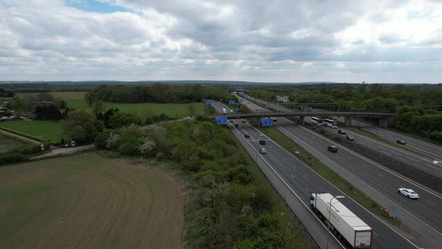 junction of the M25 motorway with the M1 motorway UK drone aerial view