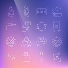 Set line Dead bird, plastic, No trash, Trash can, in garbage cans sorted, Nature saving protest, Canister for machine oil, Bottle dishwashing liquid and Refresh icon. Vector