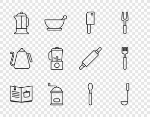 Set line Cookbook, Kitchen ladle, Meat chopper, Manual coffee grinder, French press, Blender, Spoon and Fork icon. Vector