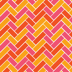 Bright colorful tiled seamless vector pattern. Pink, orange and yellow rectangle tiles in a herringbone design. Fun, vibrant, modern, abstract geometric design. Creative background texture print. 