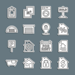 Set line House with dollar symbol, contract, percant discount, Washer, Garage, and Location lock icon. Vector