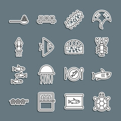 Set line Turtle, Shark, Lobster, Sea cucumber, Fish, Octopus, Caviar on spoon and Sushi icon. Vector