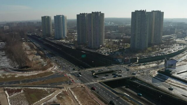 Aerial view of Housing estate in Katowice called Stars and the road intersection on the DTŚ Highway in foreground. Silesia, Poland.