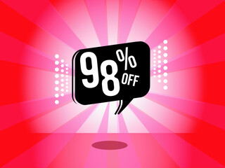 98% off. red banner with ninety eight percent discount on a black balloon for mega big sales.
