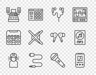 Set line Man in headphones, Music player, Air, Audio jack, recording studio, Speaker mute, Microphone and MP3 file document icon. Vector