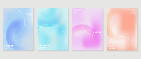 Abstract gradient fluid liquid cover template. Set of modern poster with vibrant graphic color, hologram, circle bubbles, star elements. Minimal style design for brochure, flyer, wallpaper, banner. - obrazy, fototapety, plakaty