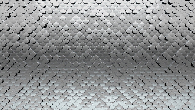 Silver, Luxurious Wall background with tiles. Polished, tile Wallpaper with 3D, Fish Scale blocks. 3D Render