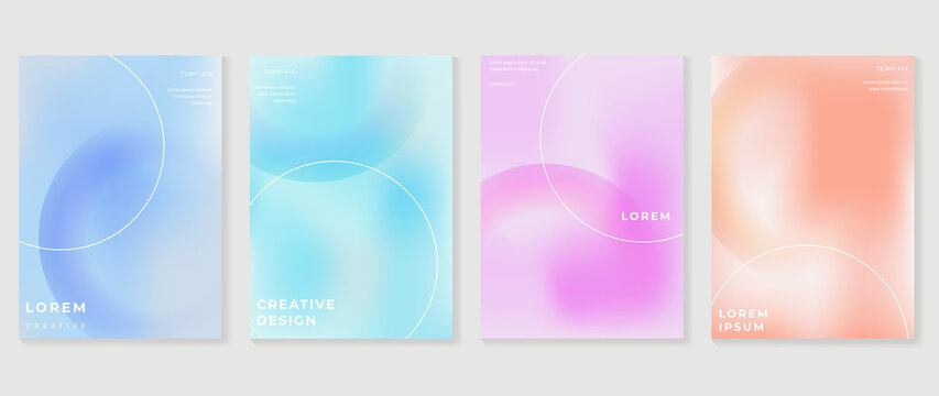 Abstract gradient fluid liquid cover template. Set of modern poster with vibrant graphic color, hologram, circle bubbles, star elements. Minimal style design for brochure, flyer, wallpaper, banner.