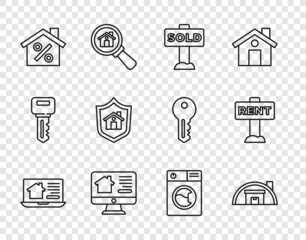 Set line Online real estate house, Warehouse, Hanging sign with text Sold, House percant discount, shield, Washer and Rent icon. Vector