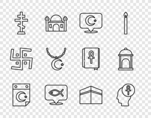 Set line Star and crescent, Cross ankh, Christian fish, cross, on chain, Kaaba mosque and Muslim Mosque icon. Vector