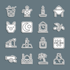 Set line Muslim man, No Smoking, Date fruit, Burning candle, Star crescent, Pig, Ramadan drum and Clock icon. Vector