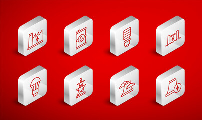 Set line Nuclear power plant, Bio fuel barrel, LED light bulb, Hydroelectric dam, Electric tower and icon. Vector