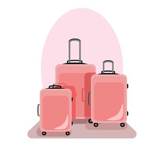 Set of luggage vector illustration with three pink suitcases in flat technique isolated on white 