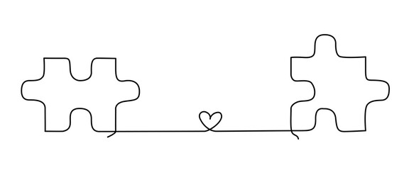 Two jigsaw puzzle pieces connected with one line and a heart. Continuous line drawing for relationship concept or dating