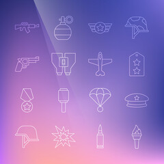 Set line Torch flame, Military beret, rank, Star American military, Binoculars, Pistol gun, M16A1 rifle and Plane icon. Vector