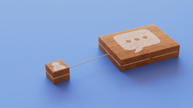 Text Technology Concept with sms Symbol on a Wooden Block. User Network Connections are Represented with White string. Blue background. 3D Render.