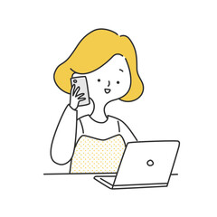 パソコンを見ながらスマホで問い合わせをする女性