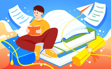 Boy sitting on a book and reading, next to it is acceptance letter and paper, vector illustration