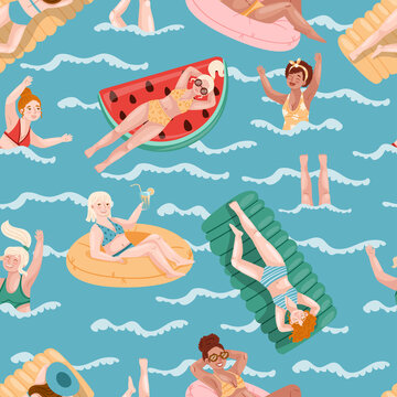 Seamless pattern of a girl in swimsuits swims in the sea on inflatable things. Drawn in cartoon style. Vector illustration for designs, prints, patterns. 
