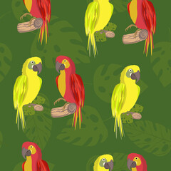Seamless pattern with cute cartoon parrot bird on branch. Vector illustration for wallpaper, fabric, textile. Summer exotic print. Tropical parrot with floral monstera leaves